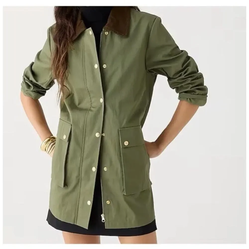 NWT J. Crew Heritage Barn Jacket Green Waxed Canvas Twill Womens S Chore Coat - Picture 2 of 16